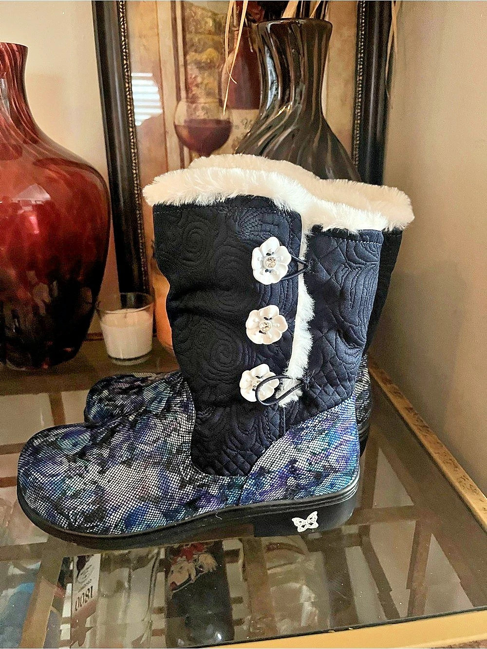 Alegria Nala Floral Winter Boots Black & Blue US 39 Like New
